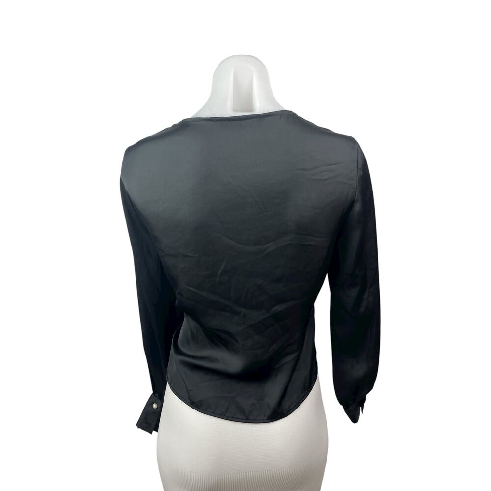 Zara Women's Black Silky Satin Sheer V Neck Long Sleeve Crop Wrap Blouse Top XS - Picture 4 of 6